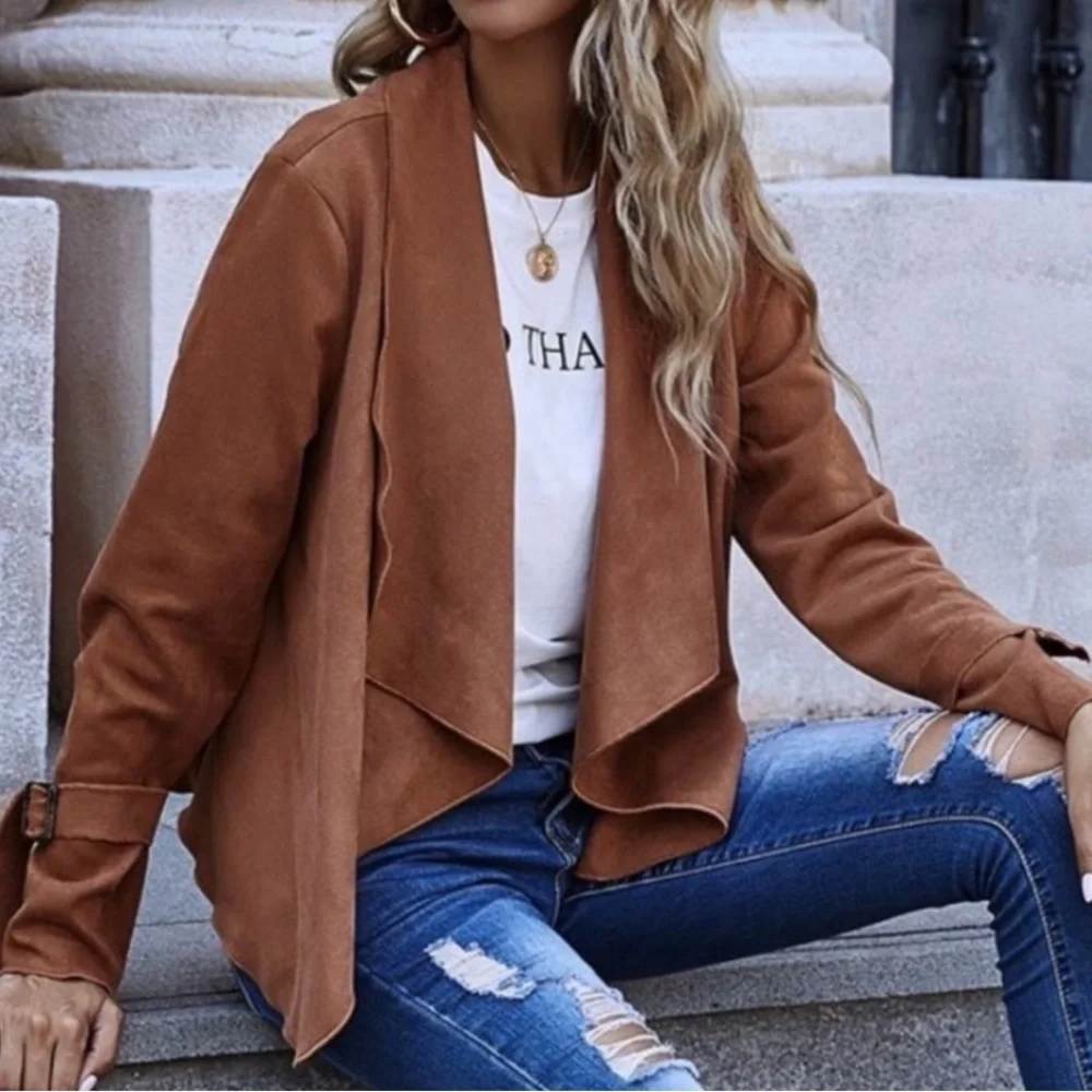 ZARA WATERFALL JACKET FAUX SUEDE CAMEL COLOR